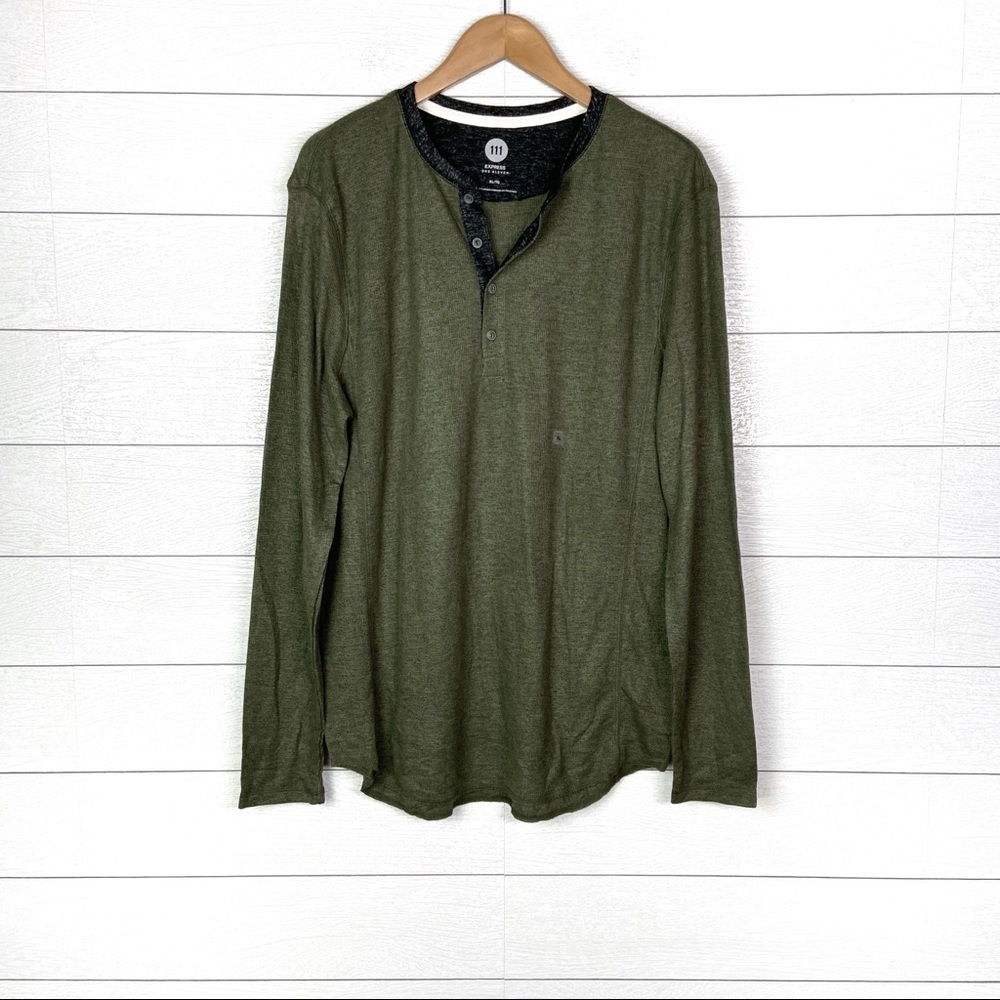 NWT Express One Eleven Henley Waffle Thermal Long Sleeve Shirt Olive Green